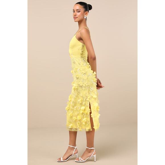 NWT Lulus Limitless Adoration Yellow 3D Floral Embroidered Midi Dress Fairy Sz M - Picture 7 of 8